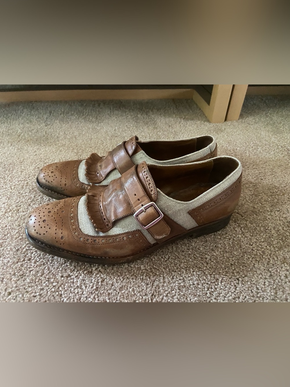 Church's kiltie-fringe buckle-strap LEATHER LINEN loafers SZ 37